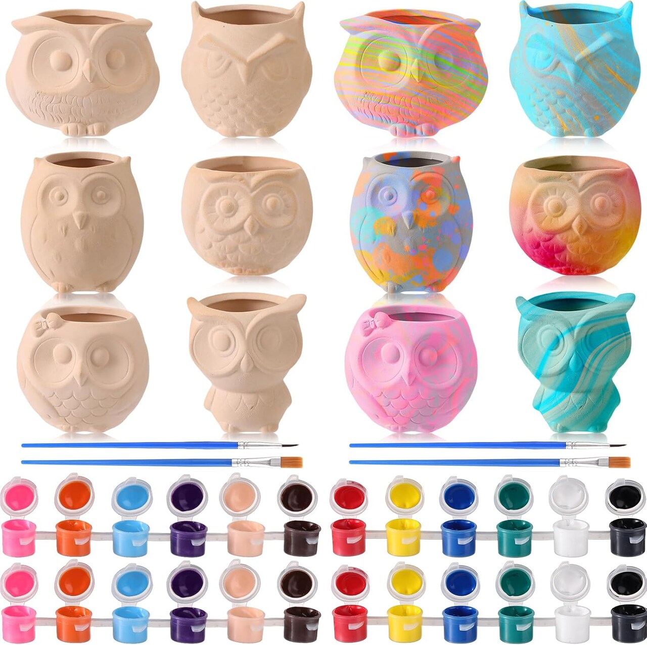 12 Pcs Paint Your Own Owl Ceramic Planters with 2 Set of Paints